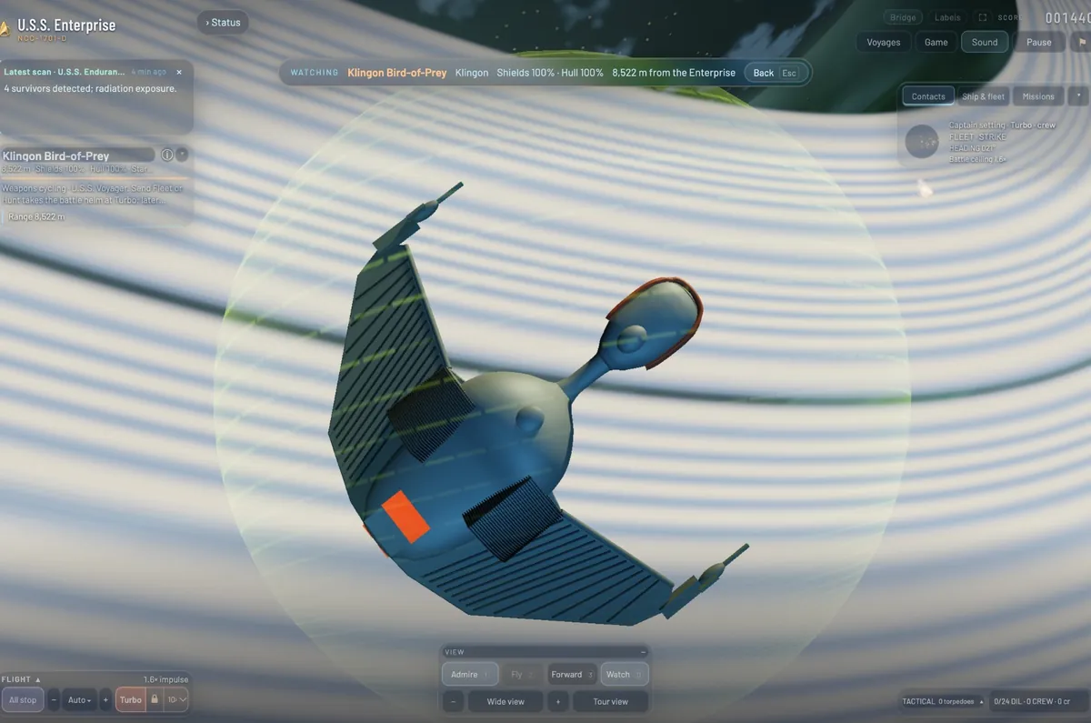 A Klingon Bird-of-Prey inside its green shield bubble, wings swept down, watched from the Enterprise against a banded gas giant.