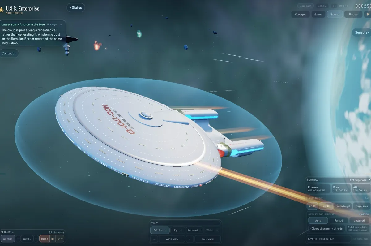 The Enterprise from above inside its shield bubble, U.S.S. Enterprise NCC-1701-D on the saucer, a phaser beam firing past a blue planet.
