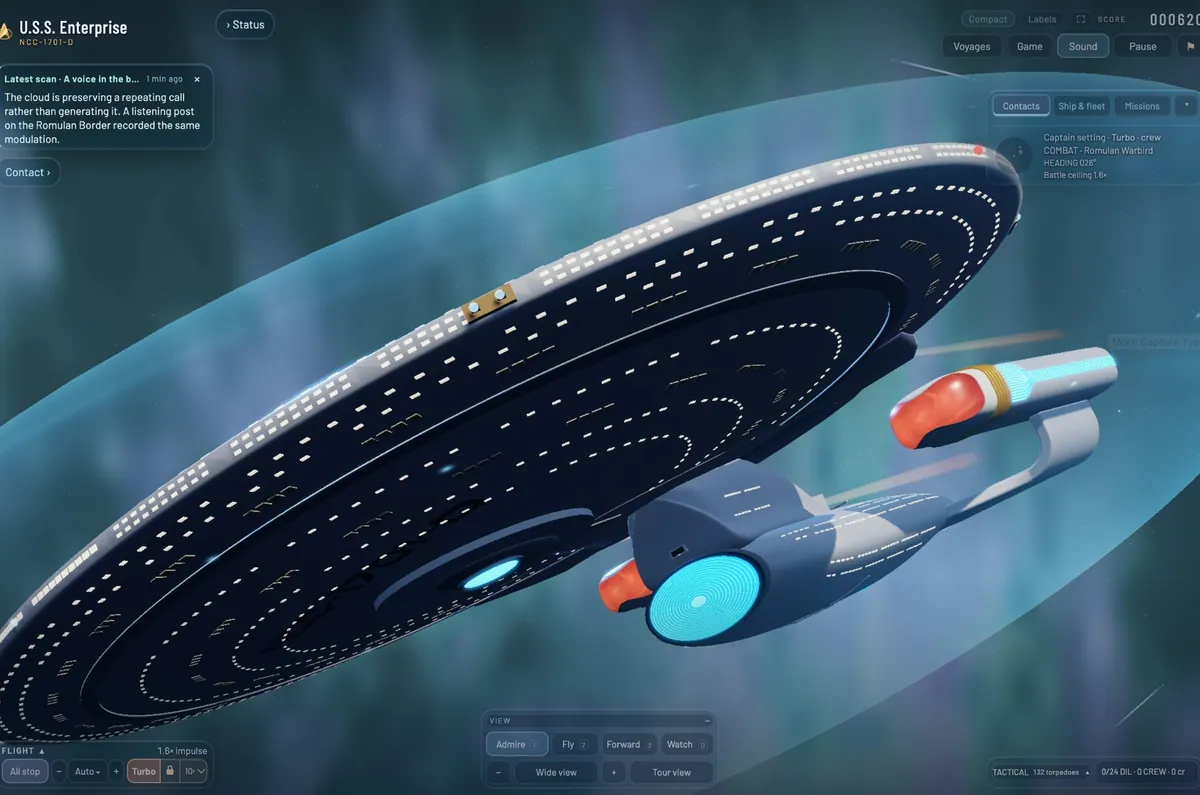 The underside of the Enterprise's saucer filling the frame, the deflector dish glowing blue, inside the shield bubble.