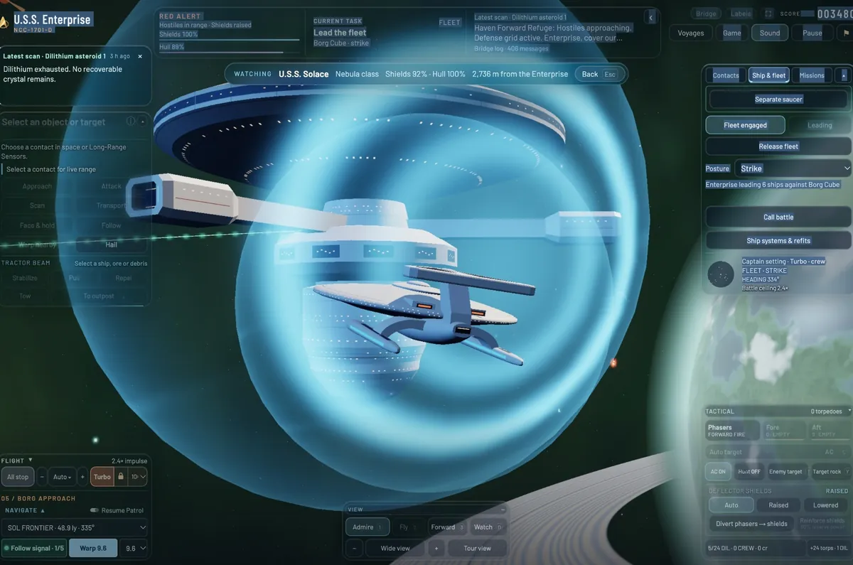 U.S.S. Solace, a Nebula-class ship, inside a blue shield bubble beneath the Enterprise's saucer during a fleet battle.