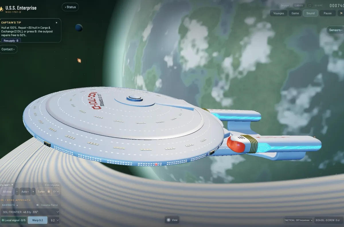 The Enterprise from above over a cloudy green planet and its rings, U.S.S. Enterprise NCC-1701-D on the saucer.