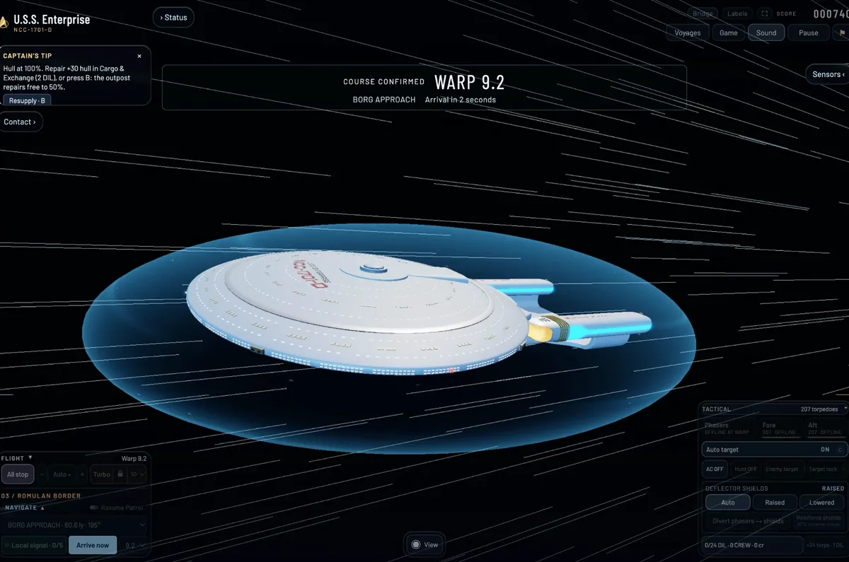 The Enterprise at warp 9.2 inside its blue warp bubble, stars streaking past, course confirmed for the Borg Approach.