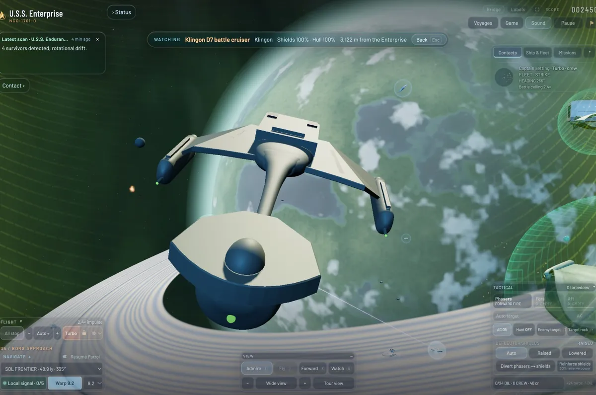 A Klingon D7 battle cruiser from above over a cloudy green planet and its rings, its command pod forward on a long neck.