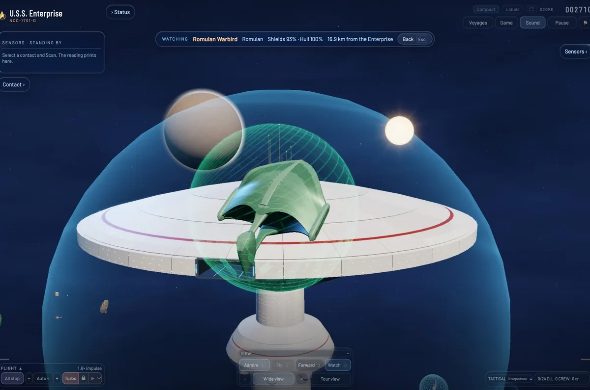 A Romulan Warbird inside its green shield, hovering over the saucer of a white Federation starbase within the station's blue shield, a moon and a sun beyond.