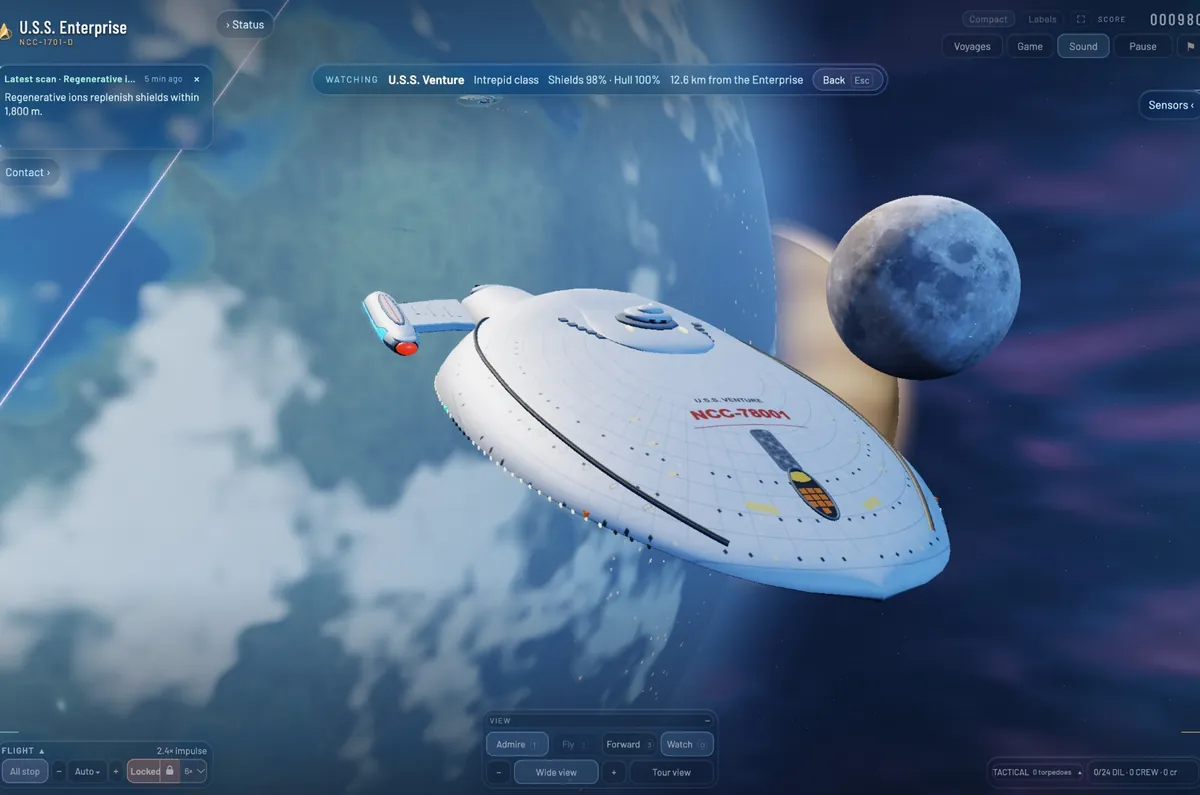 The U.S.S. Venture, NCC-78001, an Intrepid-class starship, sweeping past a cloudy planet with a grey moon beyond.