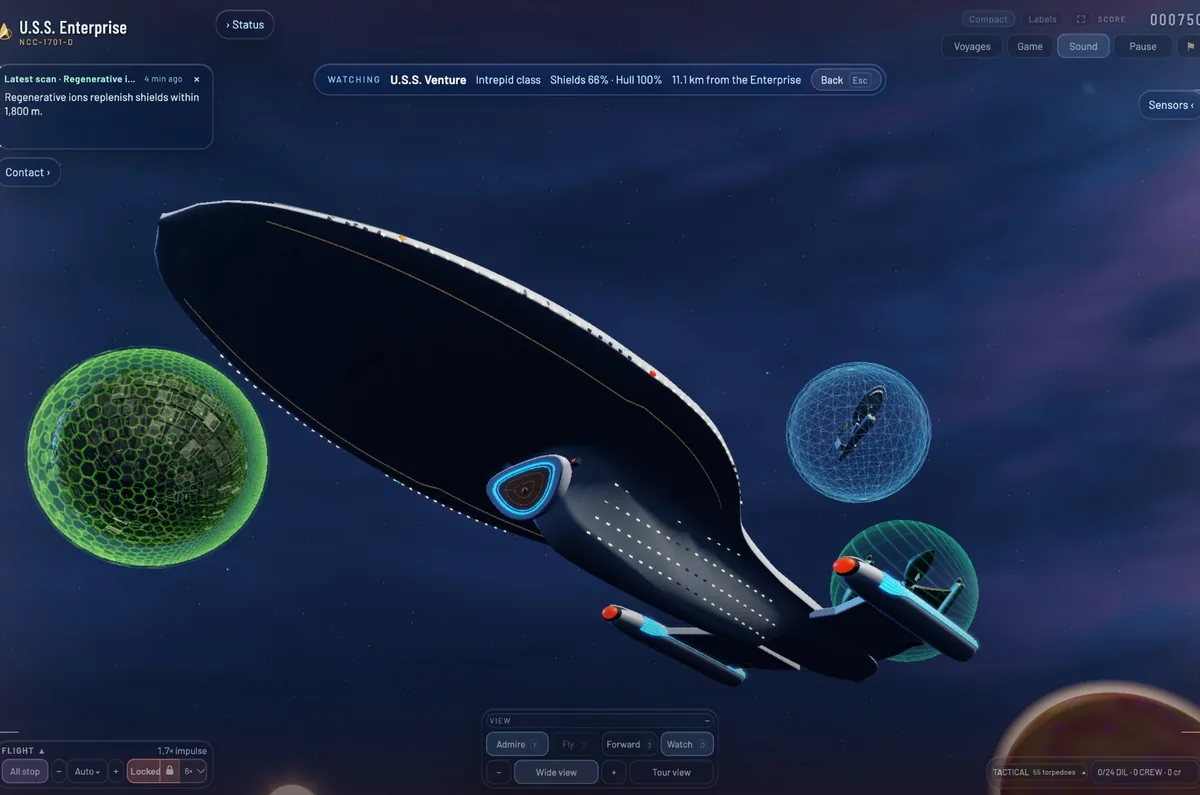 The U.S.S. Venture seen from below in deep blue space, its deflector glowing, with ships in green, blue and teal shield bubbles around it.