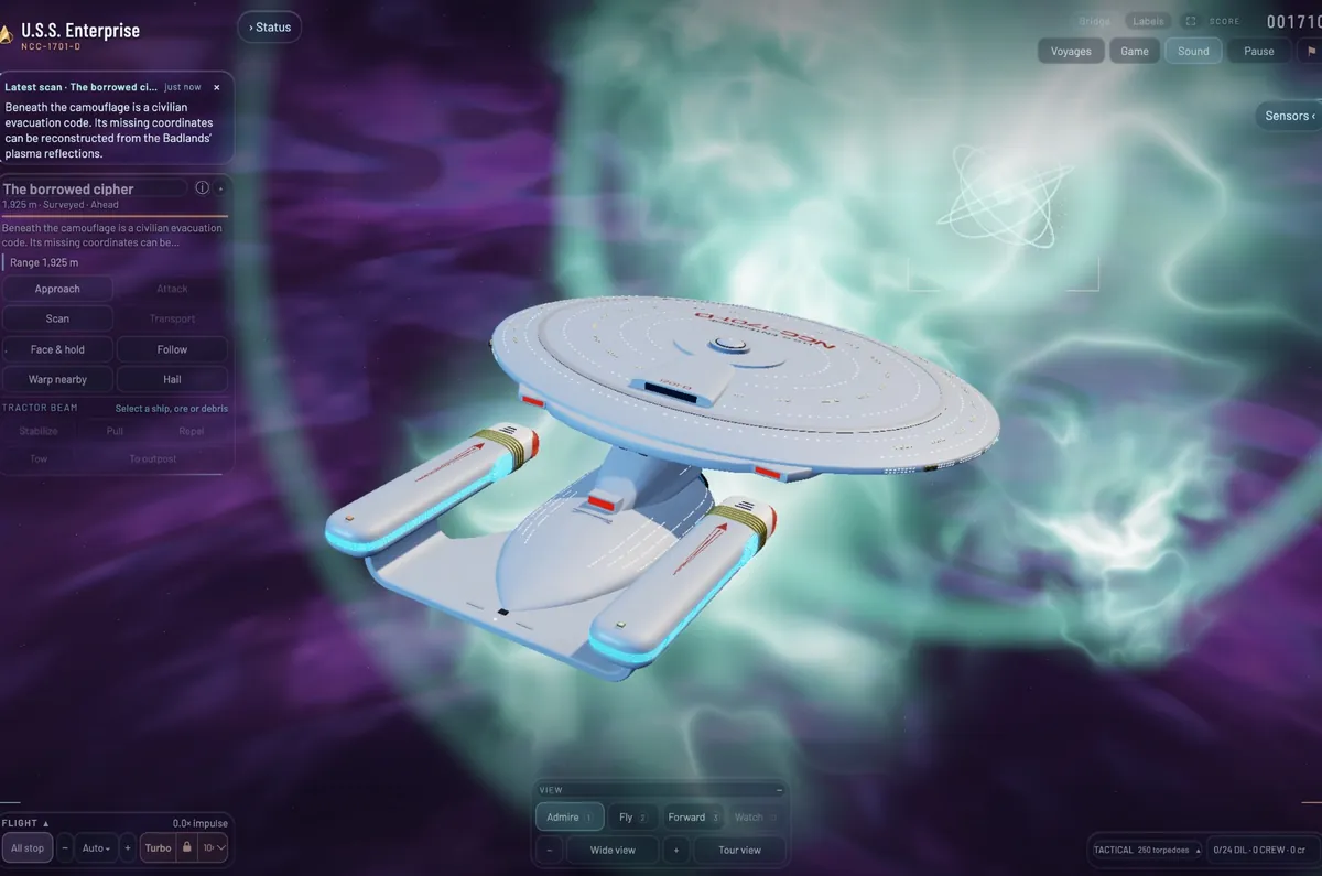 The Enterprise from above at rest in a purple and green nebula, U.S.S. Enterprise NCC-1701-D on the saucer, a sensor contact framed at the right.