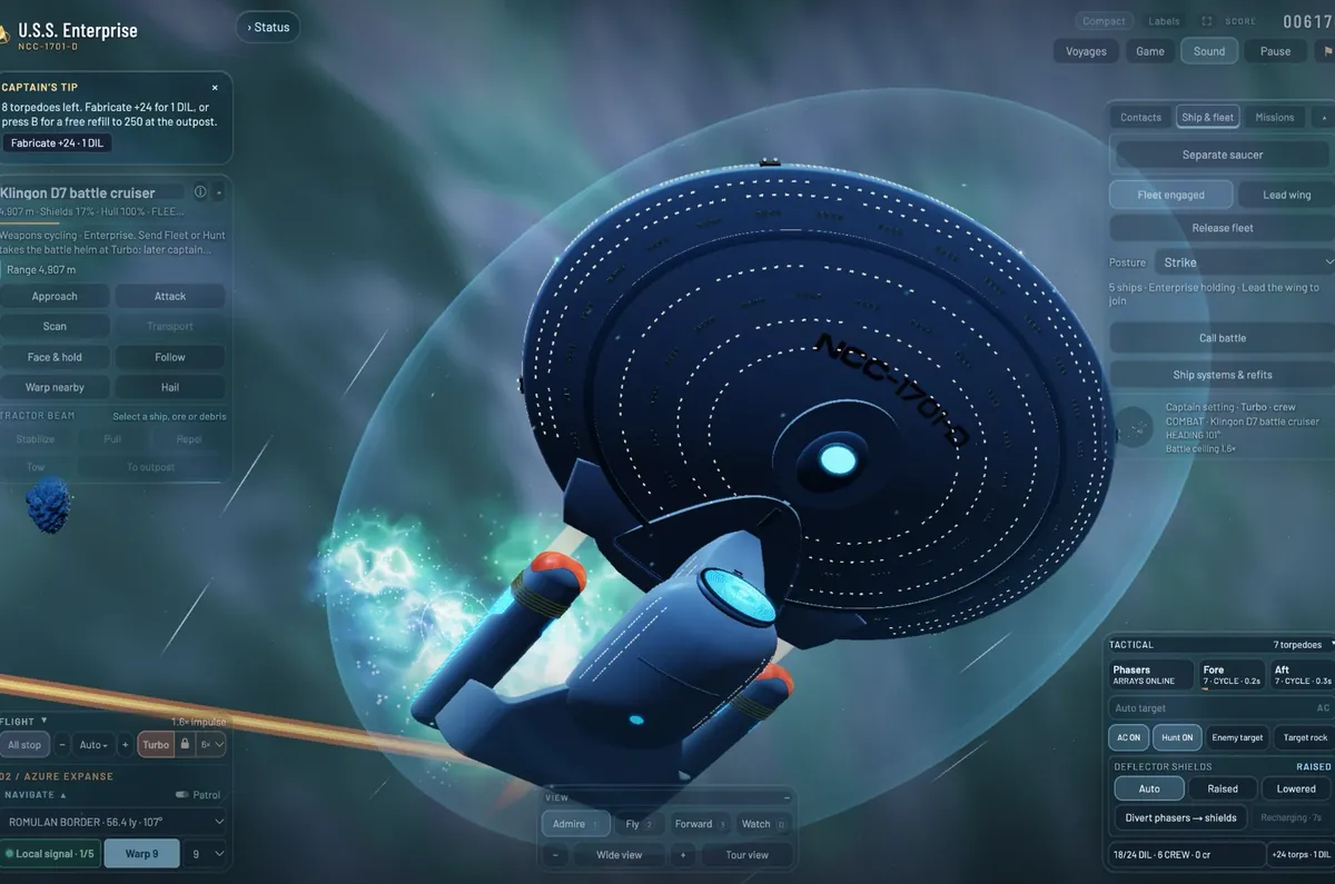 The underside of the Enterprise inside its shield bubble, the deflector dish glowing blue, a phaser beam below and a green burst beside the stardrive.