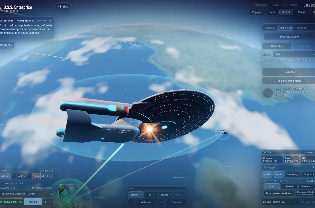 The underside of the Enterprise above Earth's clouds, inside its shield bubble, a torpedo bursting against the saucer as a Romulan Warbird fires from below.