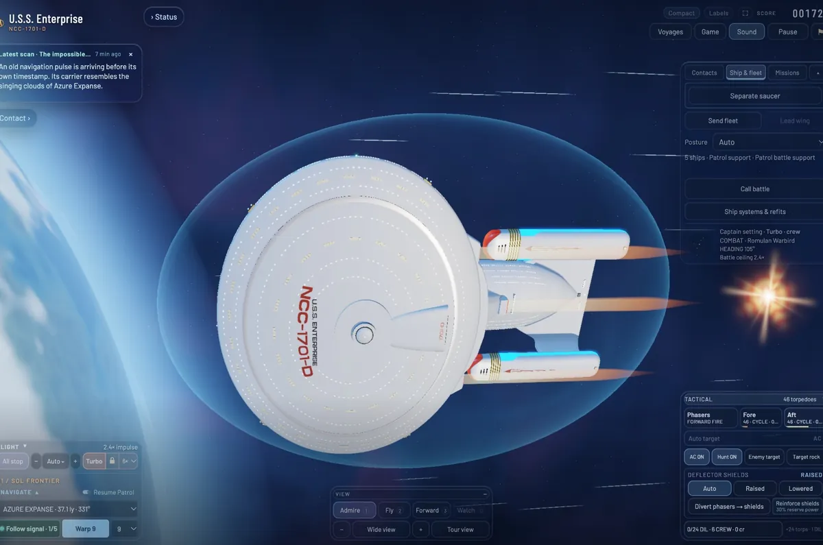 The Enterprise seen from directly above inside its shield bubble, over a blue planet, a torpedo burst off its stern.