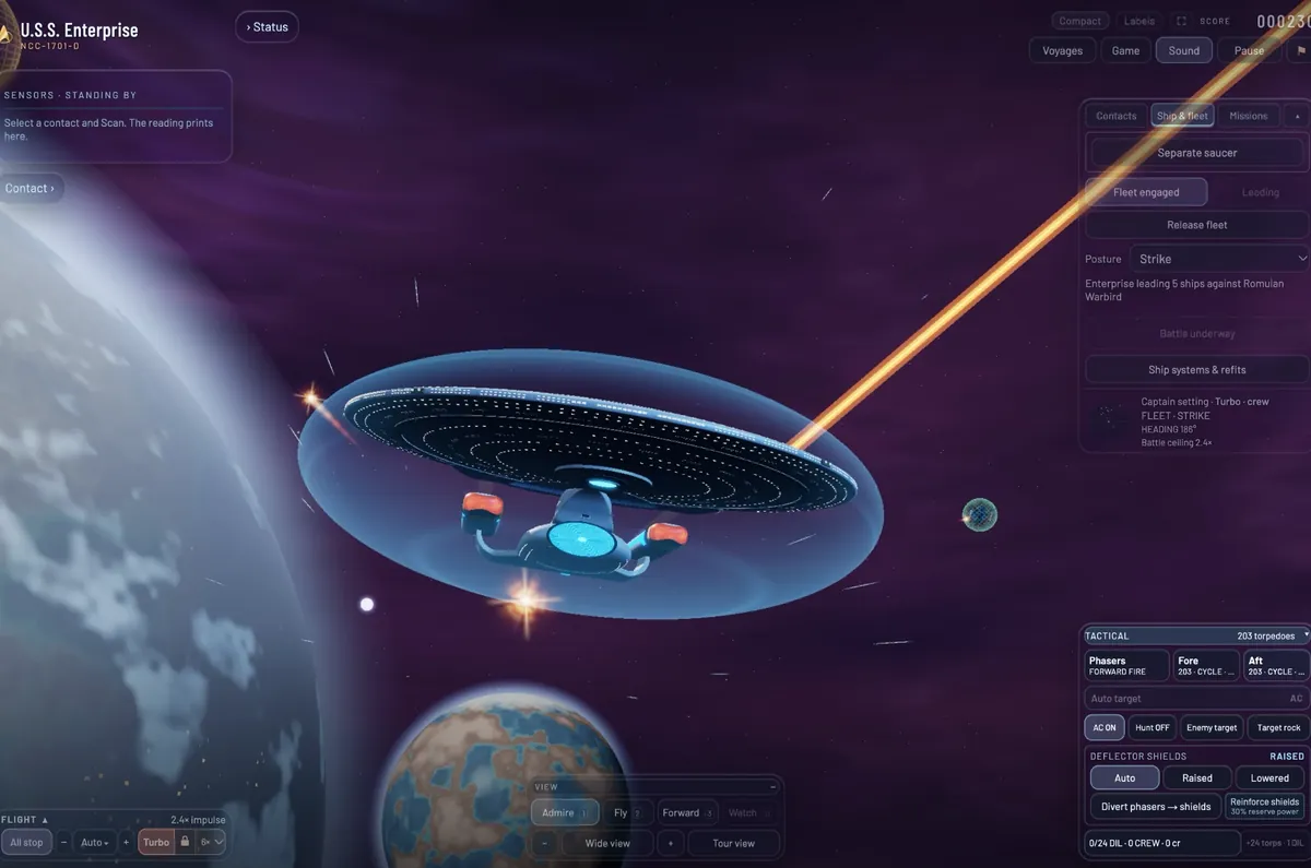 The Enterprise seen from below inside its shield bubble, the deflector dish glowing blue, torpedoes bursting, between two planets.