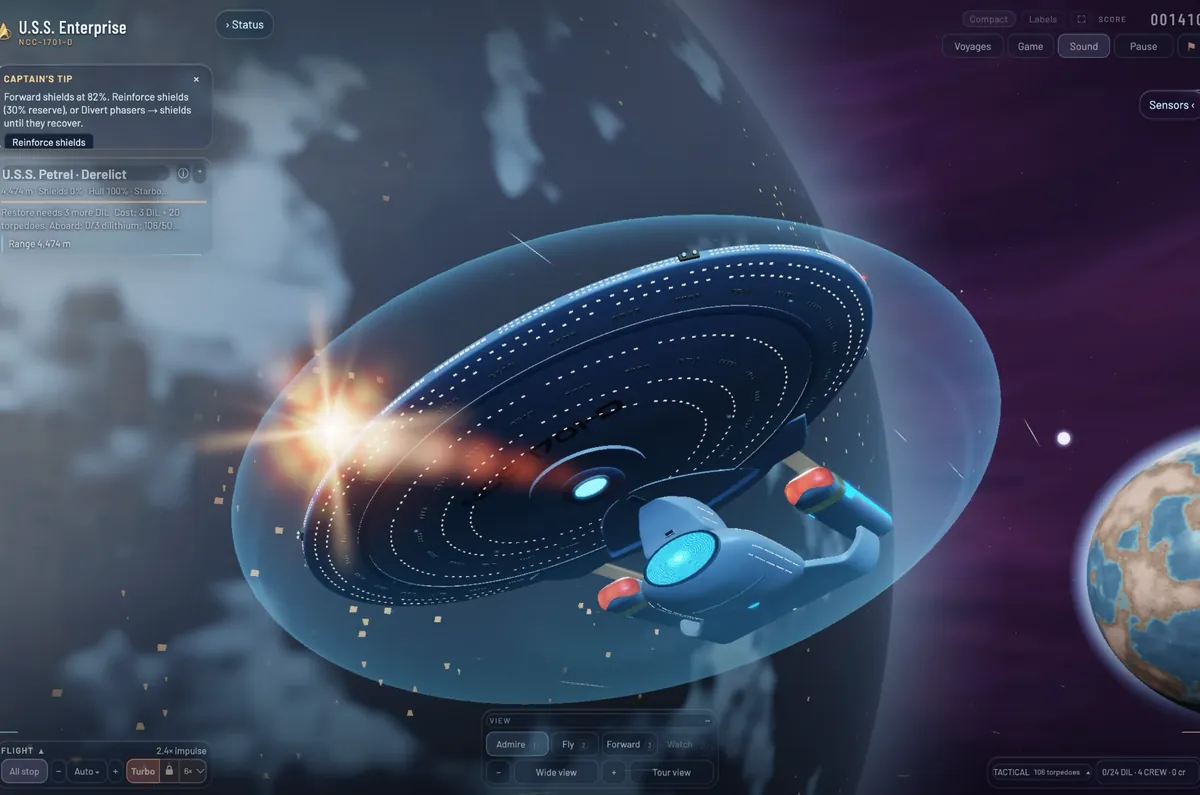 The underside of the Enterprise inside its shield bubble, the deflector dish glowing blue, a torpedo bursting against the shield beside a planet.