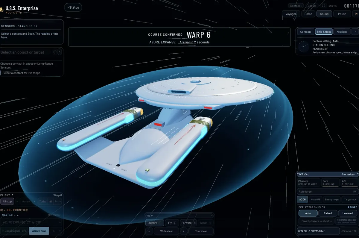 The Enterprise at warp inside its shield bubble, seen from above and behind, its nacelles glowing blue among the streaking stars.