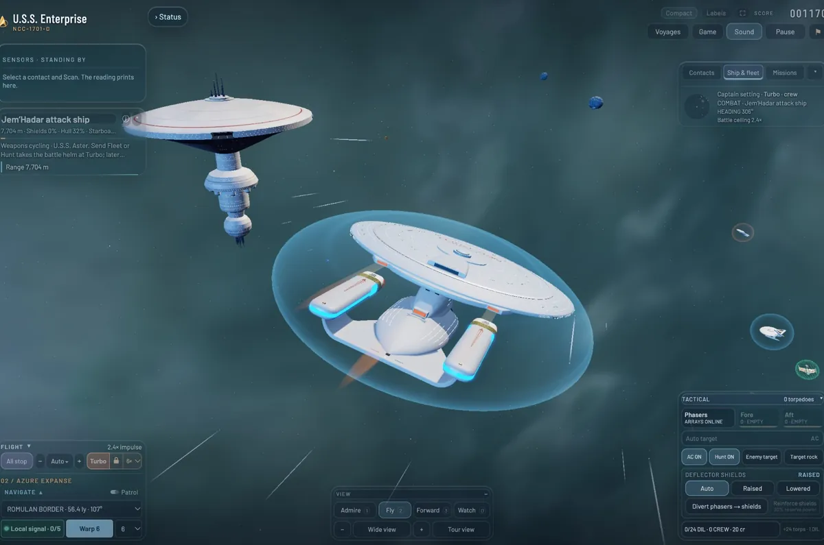 The Enterprise from above and behind inside its shield bubble, a starbase and fleet ships nearby.
