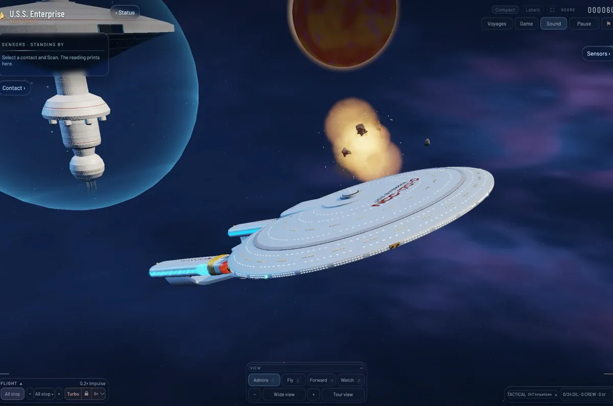 The Enterprise banking past a starbase in its shield bubble, an asteroid exploding beyond the saucer.