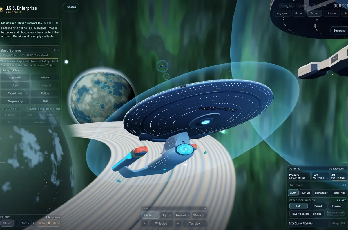 The Enterprise from below inside its shield bubble, the deflector dish glowing blue, sweeping over a planet's rings in a green nebula, a starbase beyond.