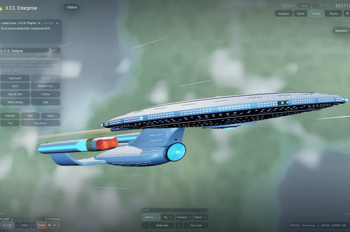 The Enterprise in profile at impulse, its saucer edge-on, the deflector dish glowing blue, over a green planet's clouds.