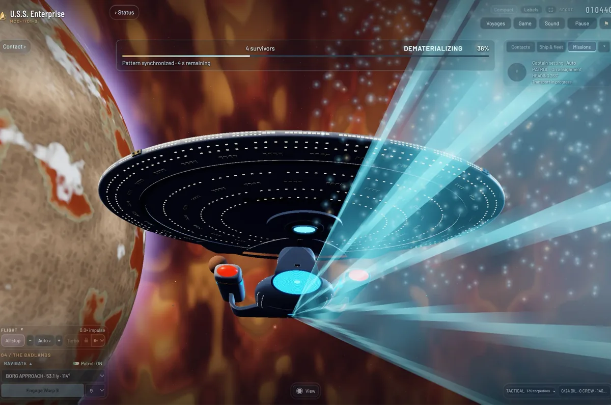The transporter beam reaching down to a planet: four survivors dematerializing, 36 percent, with the Badlands navigation panel open.