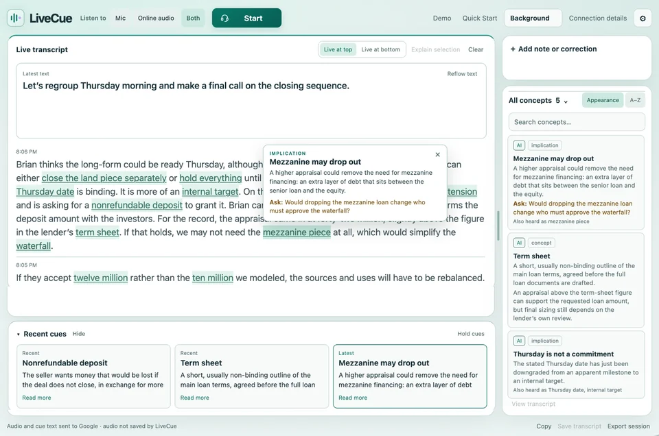LiveCue during its demo: a live transcript of a financing discussion with terms underlined, a pop-up explaining that the mezzanine loan may drop out with a question to ask, and a concepts panel on the right.
